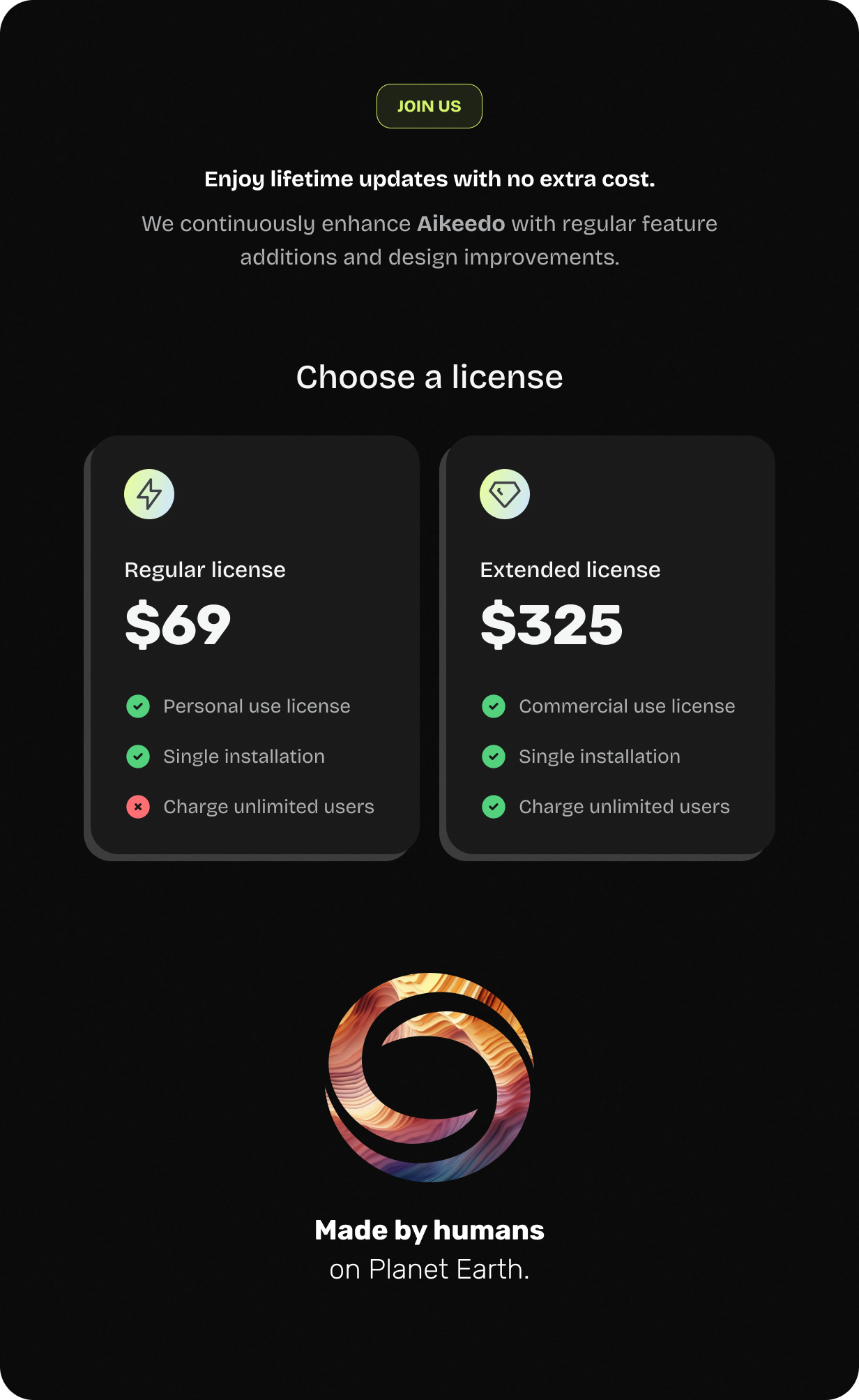 Choose a license - Join us - Enjoy lifetime updates @heyaikeedo #aikeedo