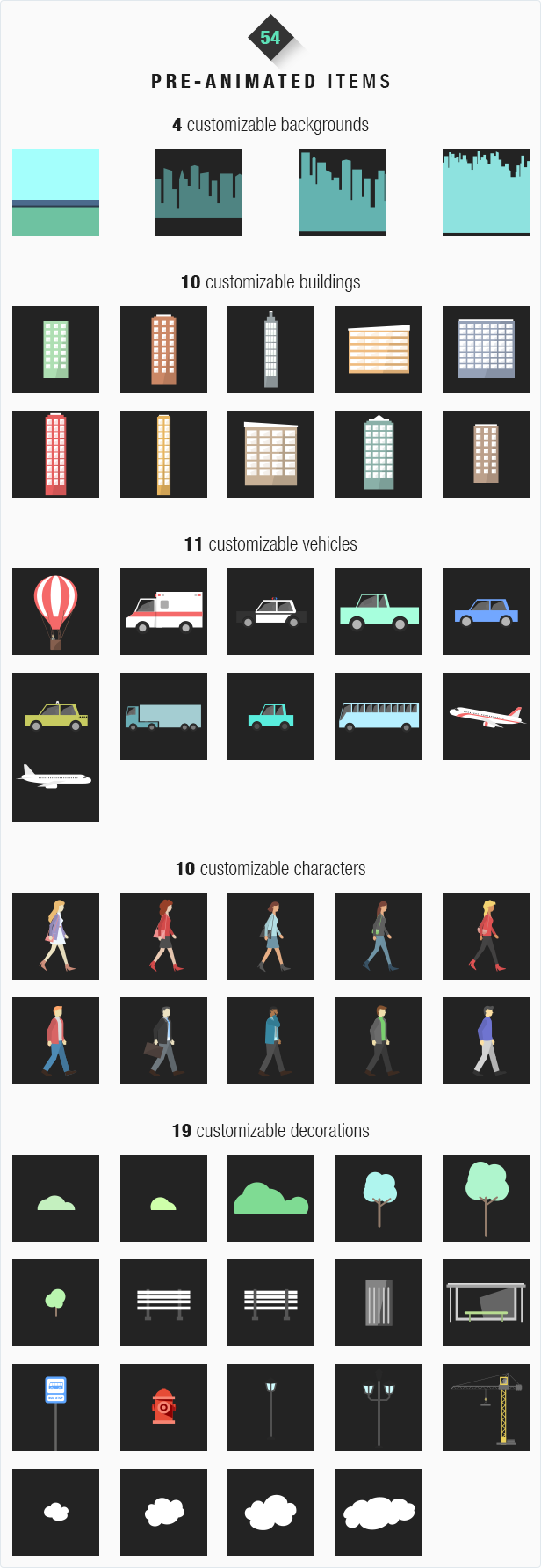 Bundle of 54 preset items - Sky, clouds, airplanes, buildings, characters, vehicles, bus, ambulance, police car, cars, decorations, crane, trees, bushes, benches, bus stop